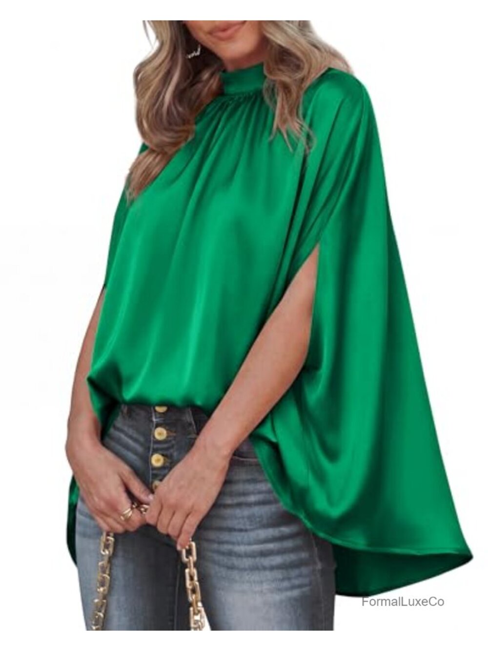 Oversized Satin Batwing Sleeve Blouse with Mock Neck Tie Back